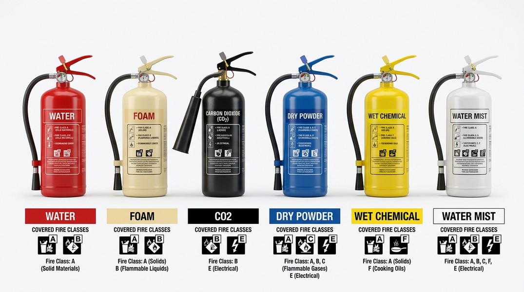 Visual comparison of six fire extinguisher types used on ships showing water, foam, CO2, dry powder, wet chemical, and water mist extinguishers with their applicable fire classes