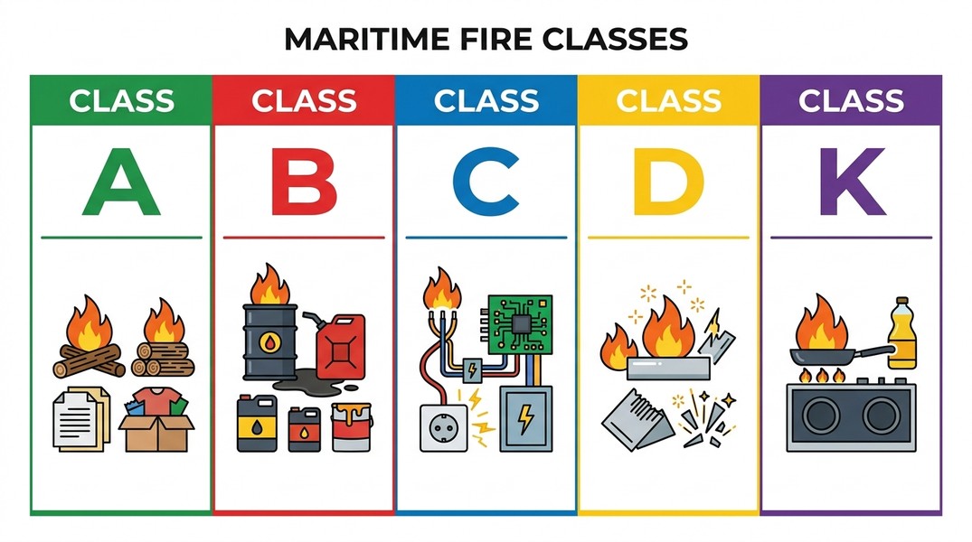 Chart showing five fire classes on ships: Class A combustibles, Class B flammable liquids, Class C electrical, Class D metals, and Class K cooking oils