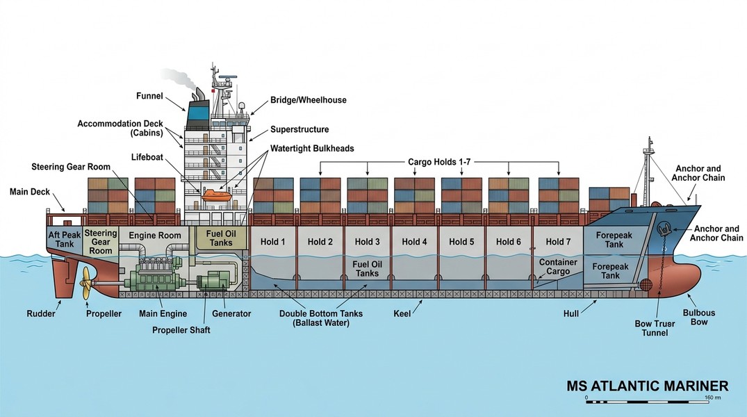 Labeled diagram showing the main parts of a ship including bow, stern, hull, keel, bridge, deck, engine room, cargo hold, funnel, rudder, and propeller