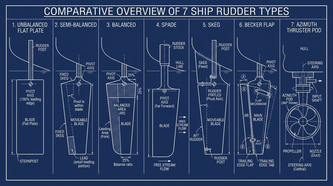 Diagram comparing 7 types of ship rudders: unbalanced, semi-balanced, balanced, spade, skeg, Becker flap, and azimuth thruster