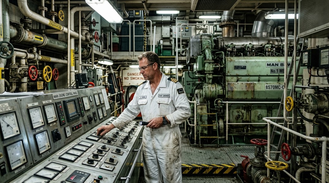 Chief Engineer and Second Engineer working in a merchant ship engine room surrounded by machinery and control panels