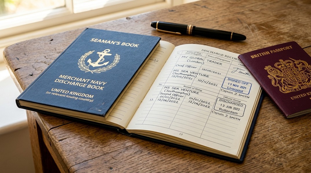 Illustration of a seaman's book showing the cover and interior pages with personal information, service records, and certification stamps